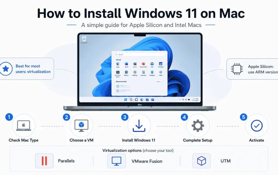 آموزش جامع اجرای ویندوز ۱۱ روی macOS با Parallels، VMware و UTM 9 2026 جولای مایکروسافت پارتنر آموزش جامع اجرای ویندوز ۱۱ روی macOS با Parallels، VMware و UTM جولای 2026